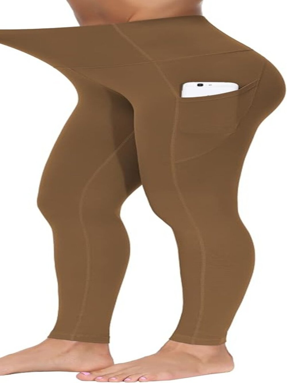 Women Soft 7/8 Length High Waisted Tummy Control Leggings w/Pockets Brown L & XL